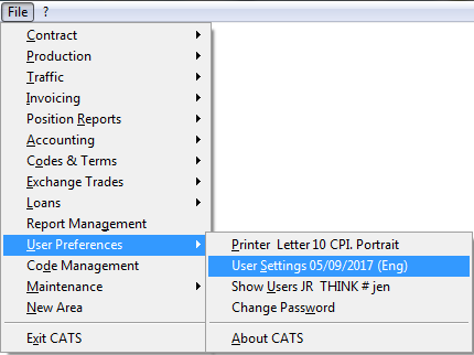 User settings access menu.