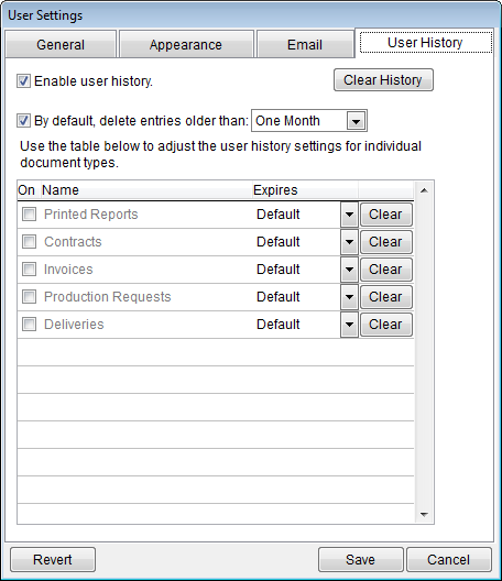 User settings user history tab