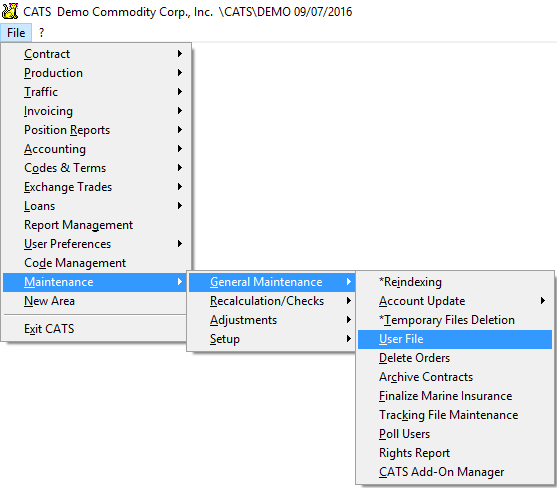 Accessing the User File area from the main menu.