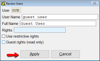 Enter the full name and user rights, then pick Apply to add.