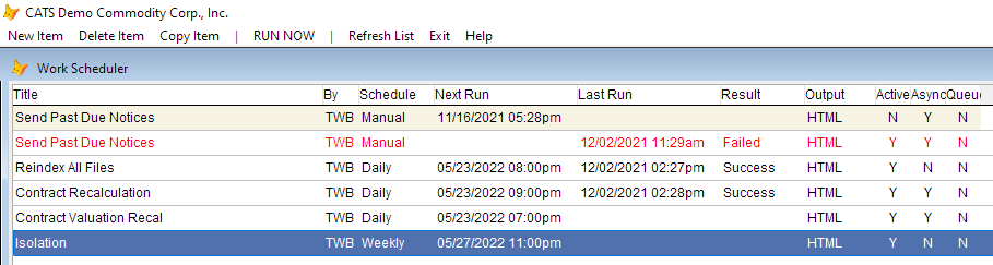 Work scheduler listing and menu