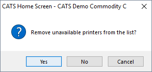 Confirm removing unavailable printers. Select Yes to proceed.