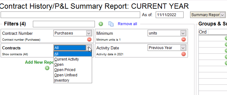 Contract history filter selections