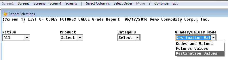 Destination value report screen 1