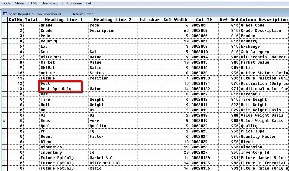 Select columns on destination report