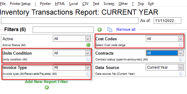 More filters to pick units, weights, type or cost code