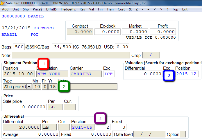 Four Position types on the sale contract item screen.