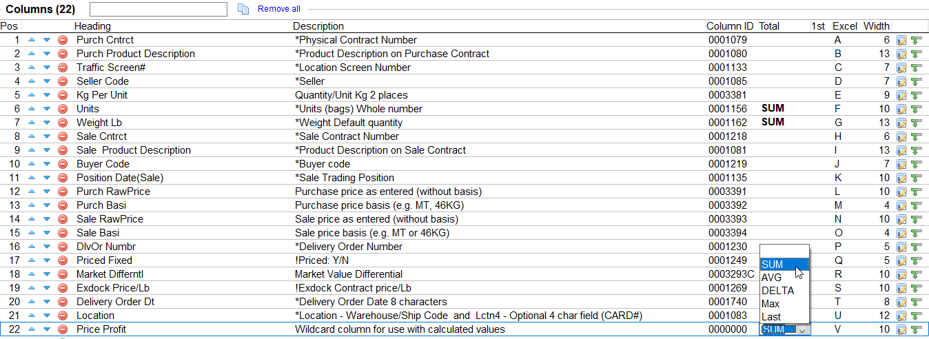 Options for column totaling.