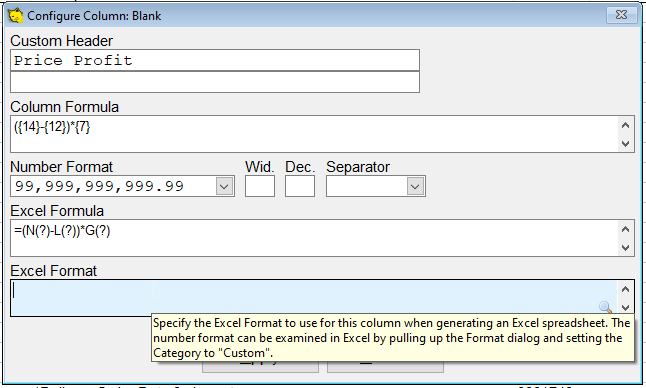 Hover to see how to find a custom Excel format.