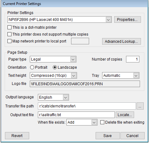 Printer Settings Dialogue