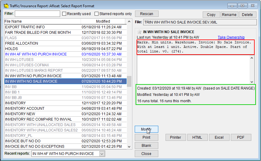 List of Saved Reports with Filters and Last Run Data
