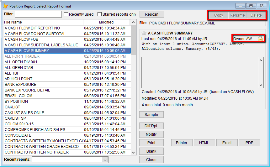 Report details as seen when viewing a report owned by another user.
