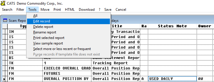 The tools menu options for a report.