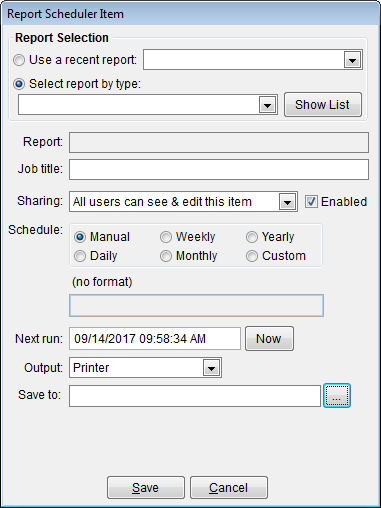 An empty report scheduler item