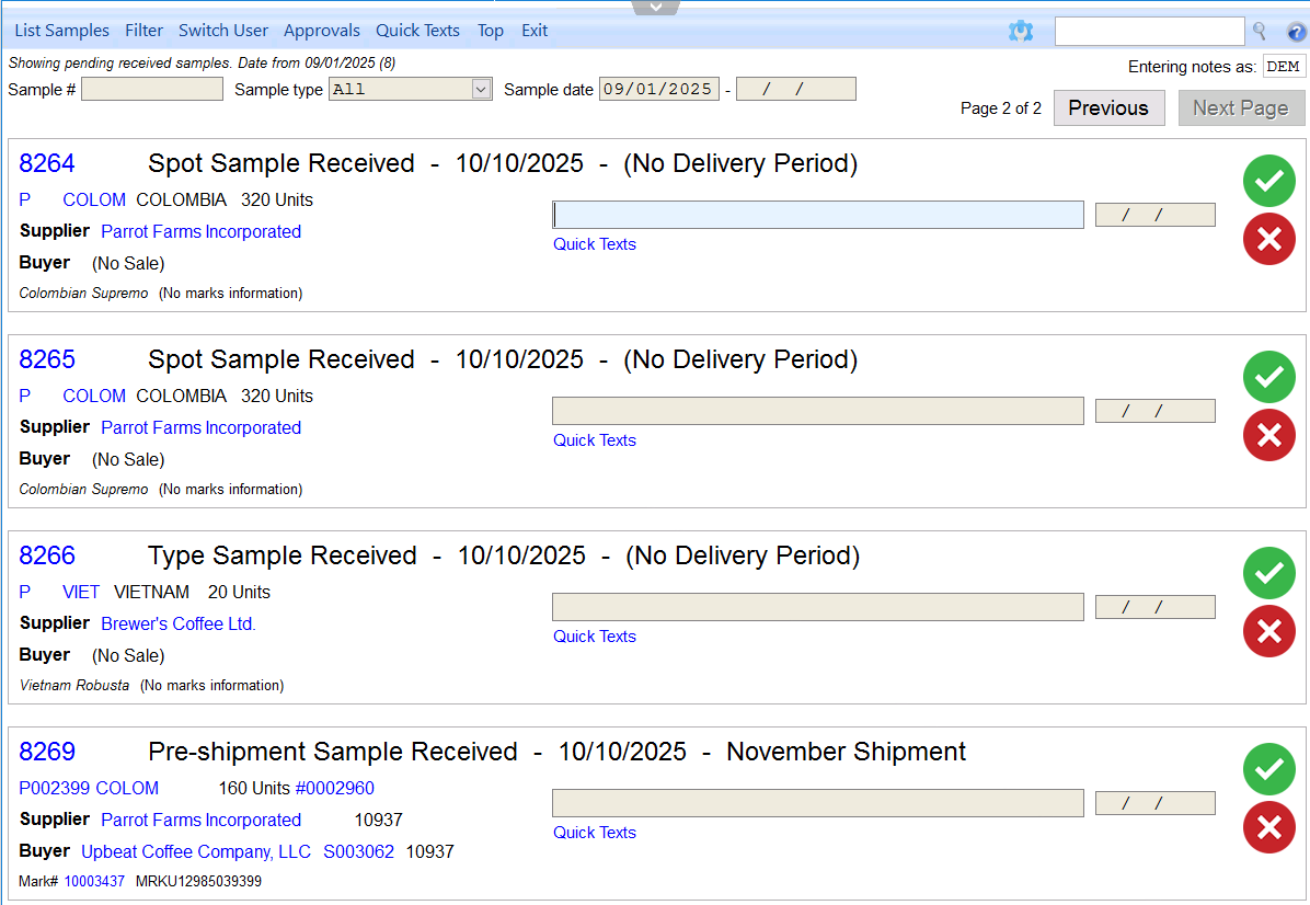 The sample session module. Showing four sample entries on one page.