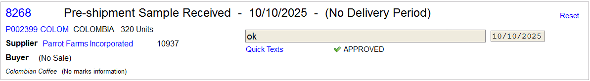 A sample entry with a note entered. The "Reset" link appears in the top-right corner.