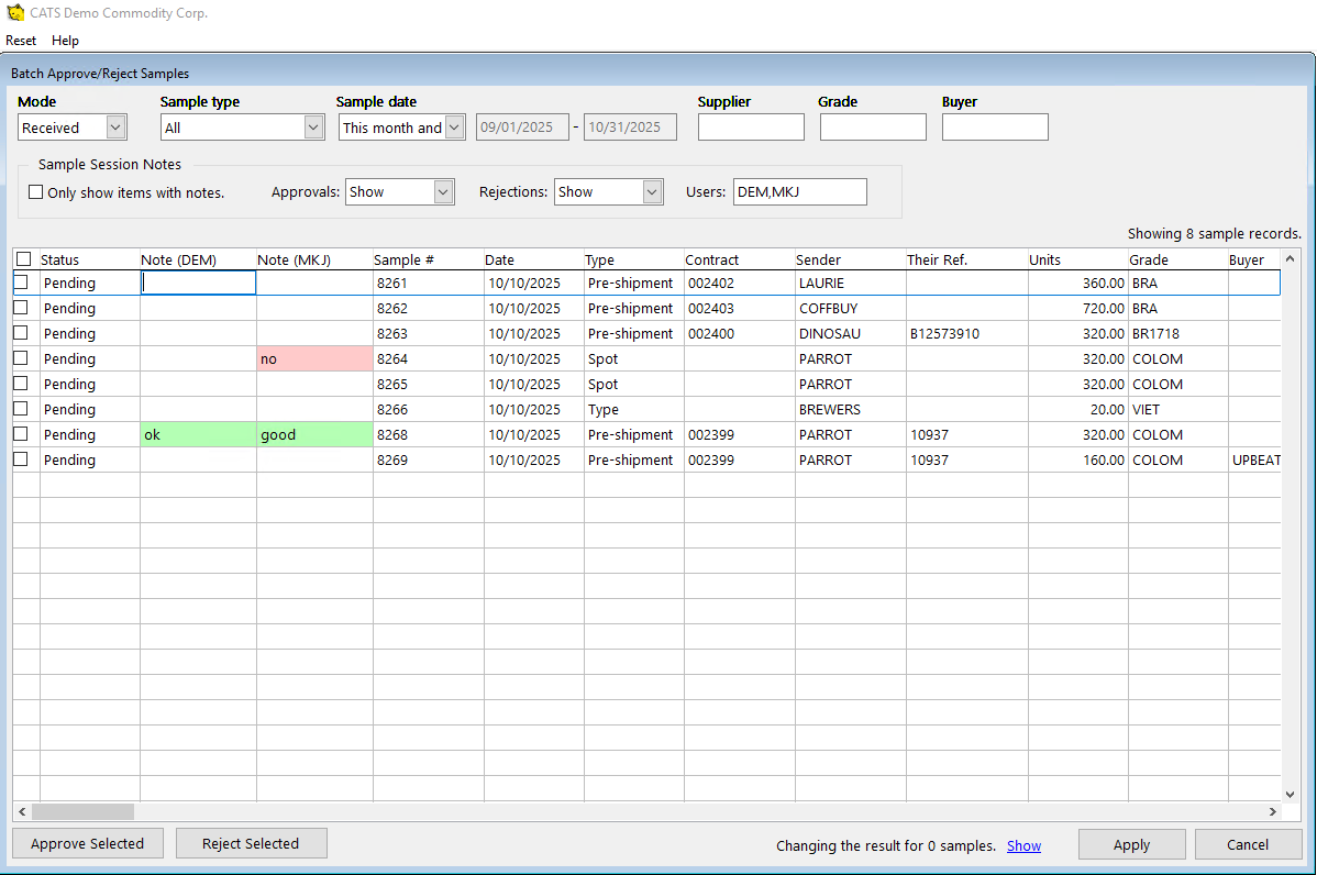 Batch approval screen showing recent samples with notes from two users