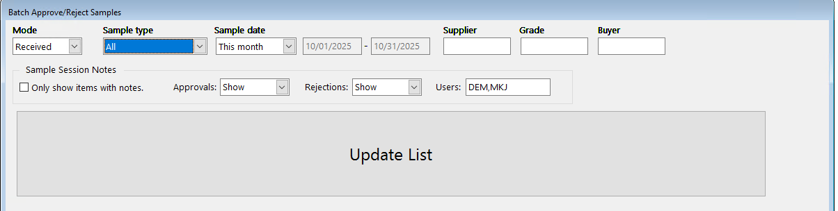 The batch sample approval dialog showing the **Update List** button.
