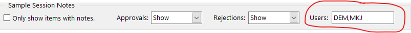 The Sample Session Notes section of the filters allows users to change which user's notes are shown.