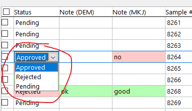 Choosing the approval status for an individual sample record.