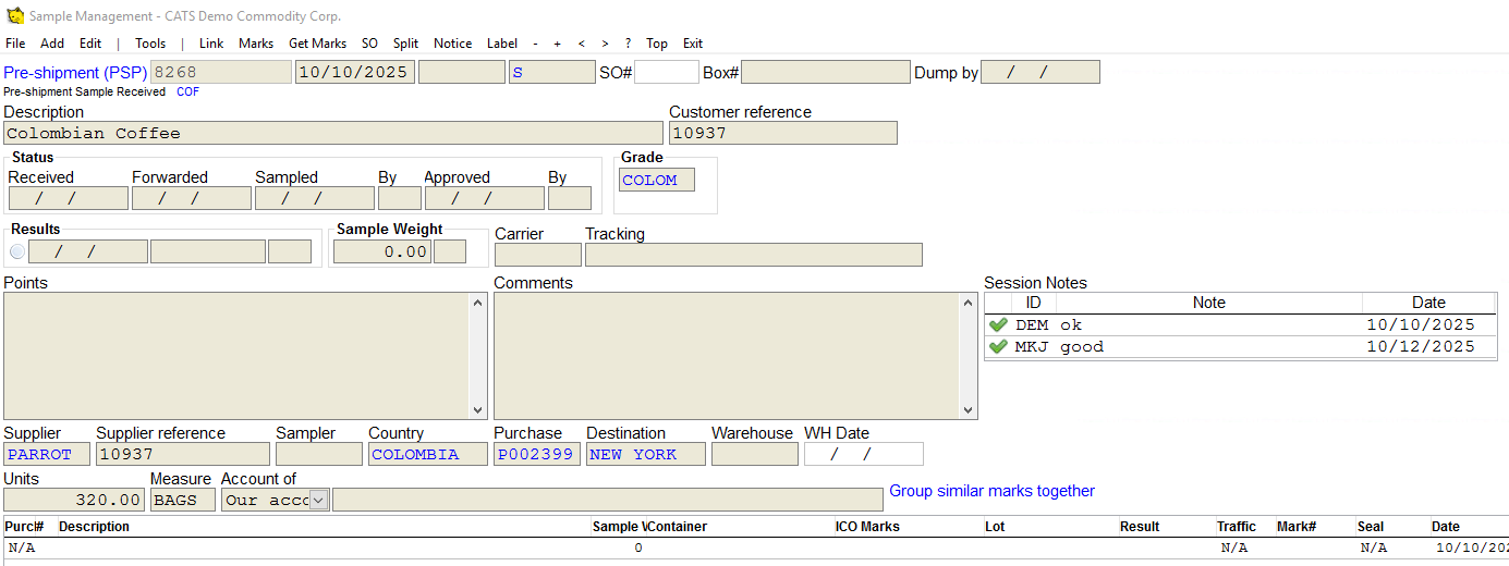 Sample notes displayed on the sampling screen.