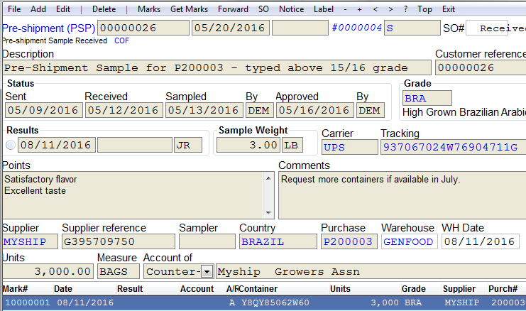 Sample management screen