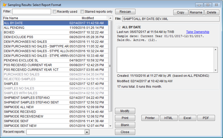 Creating a sampling report