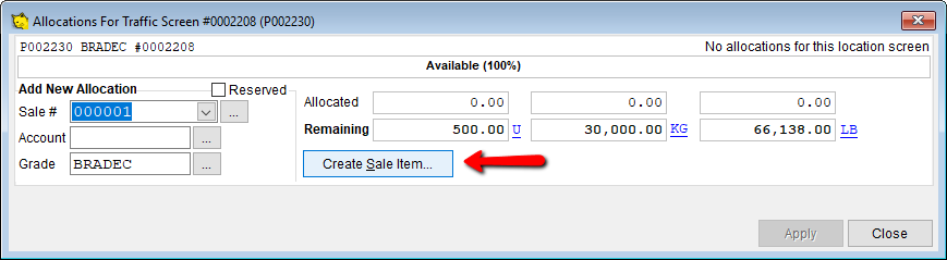 Create a new sale button