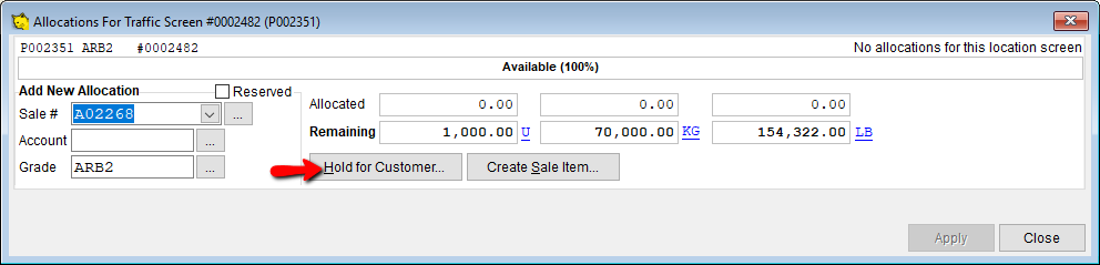 Click on hold for customer to create a hold.