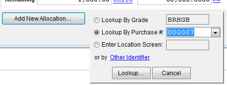 Specify the location screen for the new allocation.