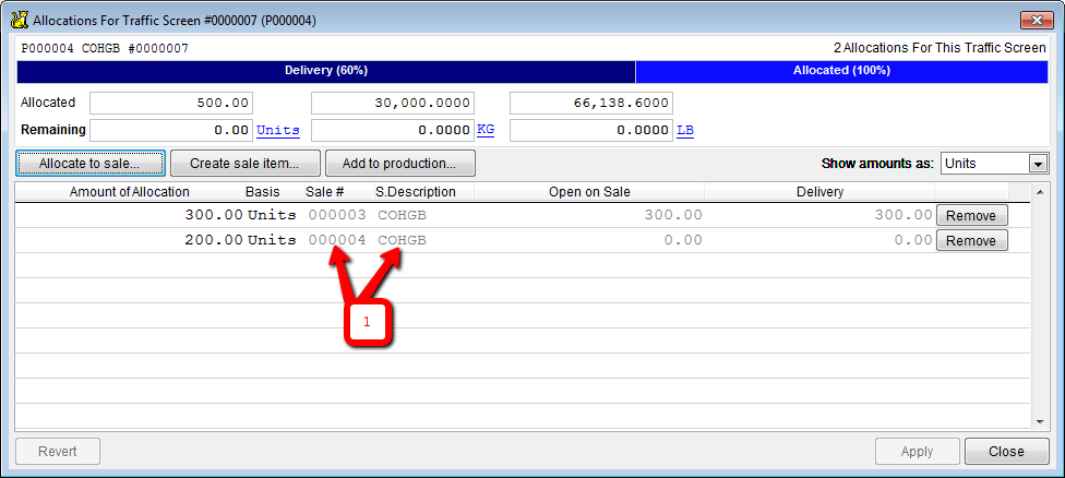 The allocation dialog is updated with the sale and sale item information.