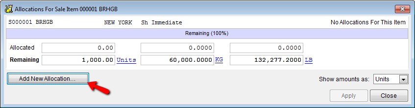 The sale item dialog with no allocations. Click on "Add new allocation..." to begin.
