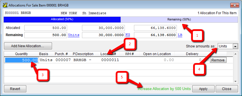 The sale item's allocation dialog showing a single allocated location screen.