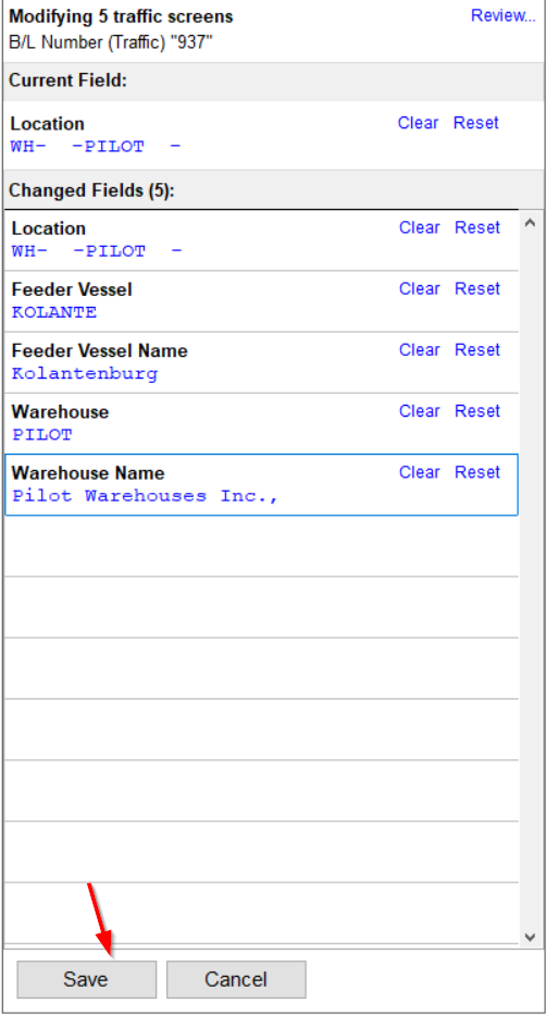 A list of changes is displayed on the right of the screen.
