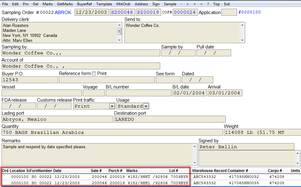 Sampling order with marks shown on bottom