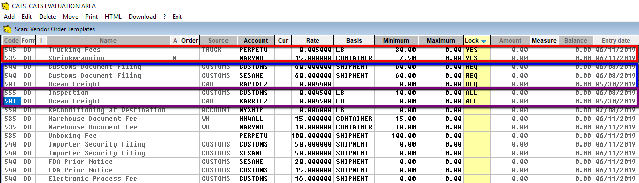 Red shows locked (YES), Blue shows required (REQ), Purple shows both (ALL)