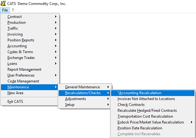 Accounting recalculation menu access.