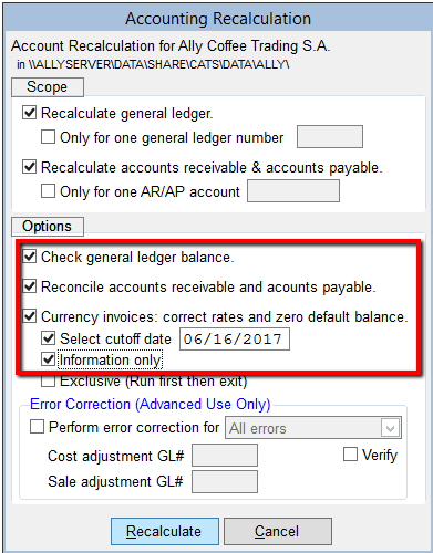 Accounting recalculation options