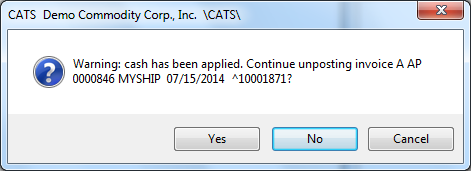 A Warning that Cash has been Applied to this Invoice