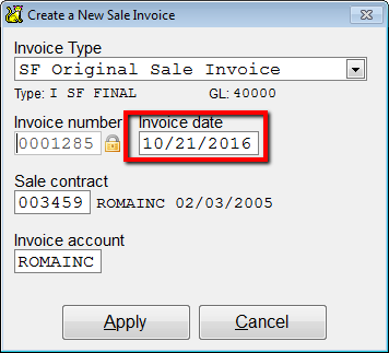 The date change shown when creating a new invoice