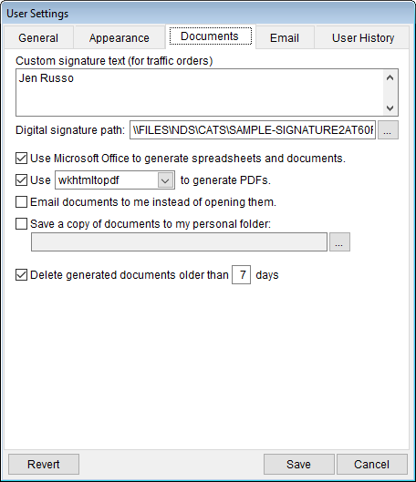User settings document tab
