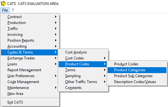 Accessing the list of product categories from the main menu.