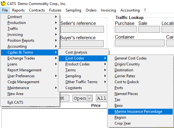 Accessing the Marine Insurance Percentage table.