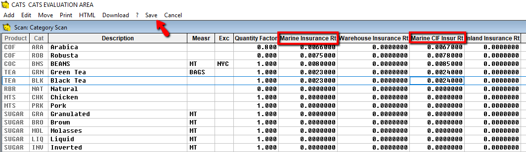 Enter the marine insurance rates on the product categories.