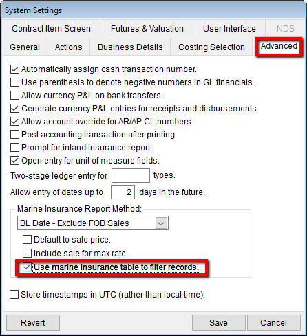 The system setting to "Use marine insurance table to filter records".