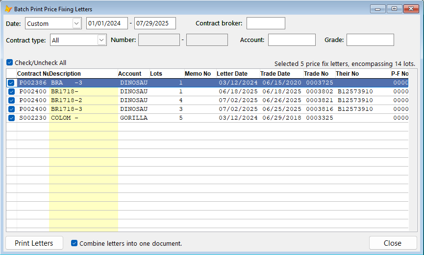 Screenshot of the Batch Price Fixing Letter Print dialog.