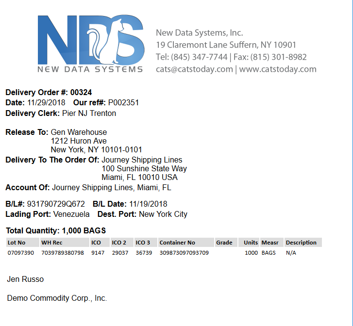 Delivery order form print out