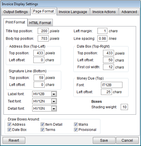 Page Format Tab Settings