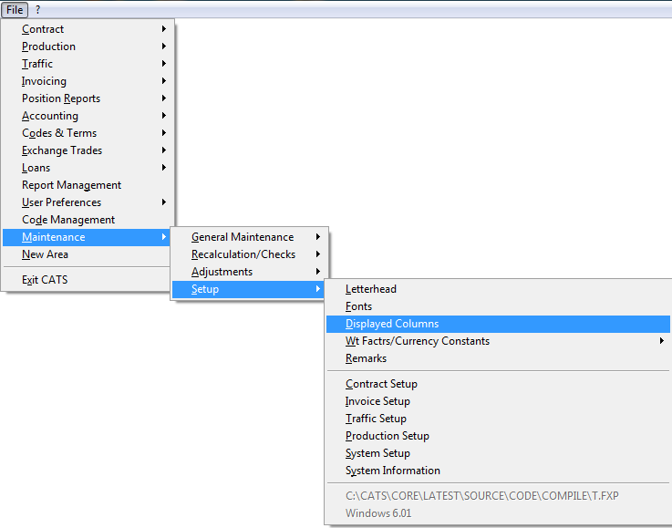 Setup for displayed columns