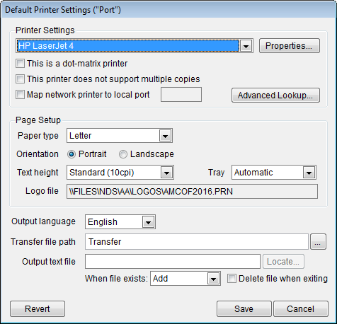 Default printer settings page